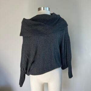 Dark gray off the shoulder cowl neck sweater with batwing 3/4 sleeves